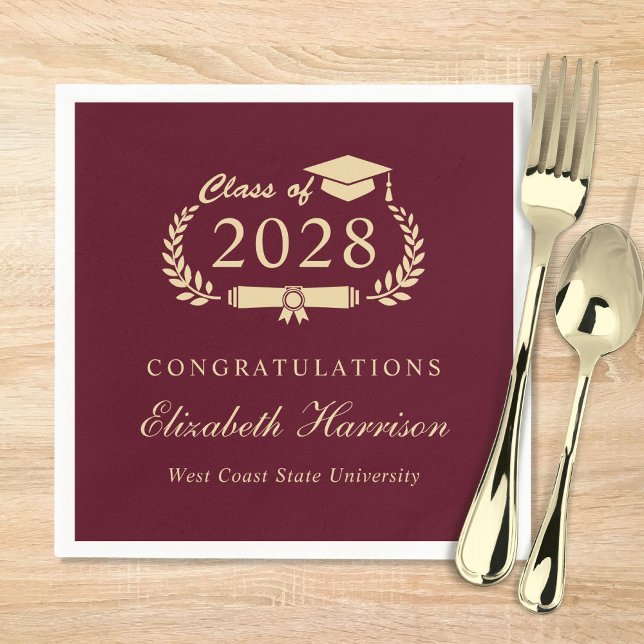 Elegant Script Burgundy Red Gold Graduation Napkin (Creator Uploaded)