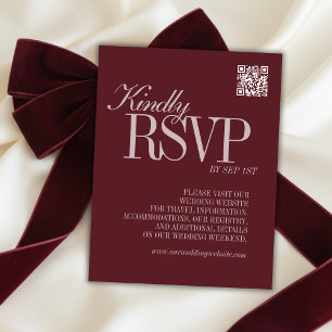 Elegant Script Burgundy Red QR Code Formal Wedding RSVP Card