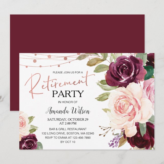 Elegant Script Burgundy Retirement Party Invitatio Invitation (Front/Back)