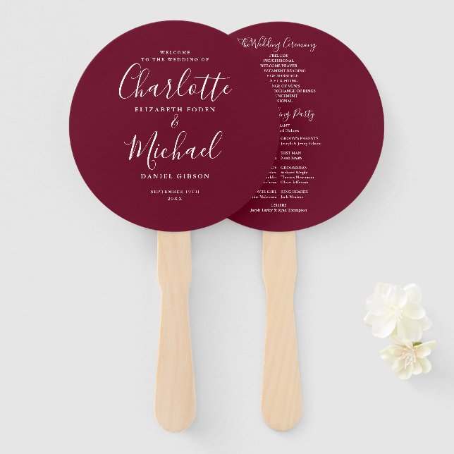 Elegant Script Burgundy Wedding Program Hand Fan (Front and Back)
