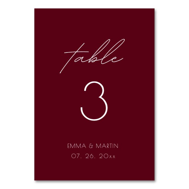 Elegant Script Burgundy Wedding Table Number (Front)