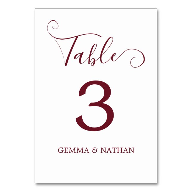 Elegant Script Burgundy Wedding Table Number Card (Front)