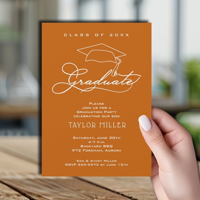 Elegant Script Burnt Orange Graduation Invitation (Elegant white script and grad hat burnt orange graduation party invitations)