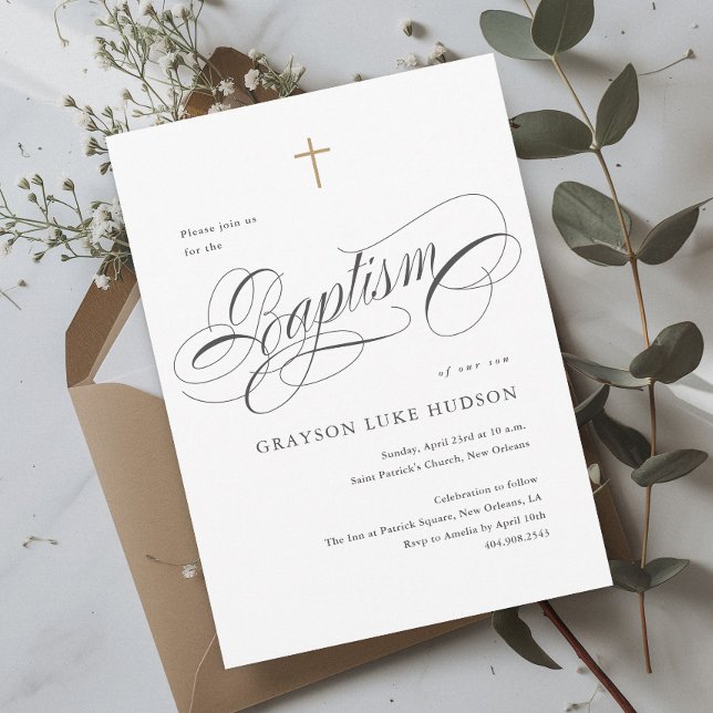 Elegant Script Calligraphy Black and White Baptism Invitation (Elegant black and white calligraphy and simple gold cross baptism invitation.)