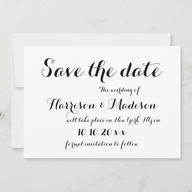Elegant script Calligraphy black and white Wedding Save The Date (Front)