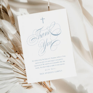 Elegant Script Calligraphy Dusty Blue Boys Baptism Thank You Card
