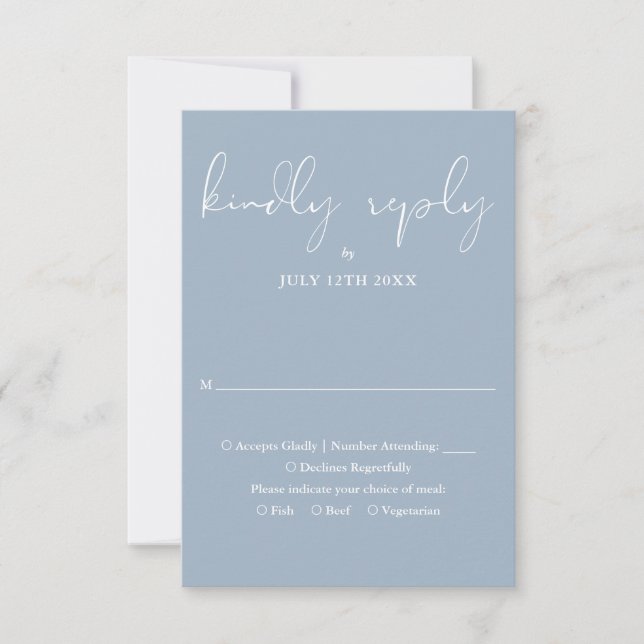 Elegant Script Calligraphy Dusty Blue Wedding RSVP Card (Front)