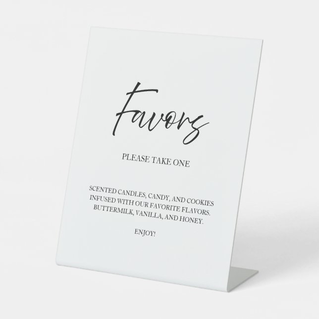 Elegant Script Calligraphy Favours White Wedding Pedestal Sign (Front)