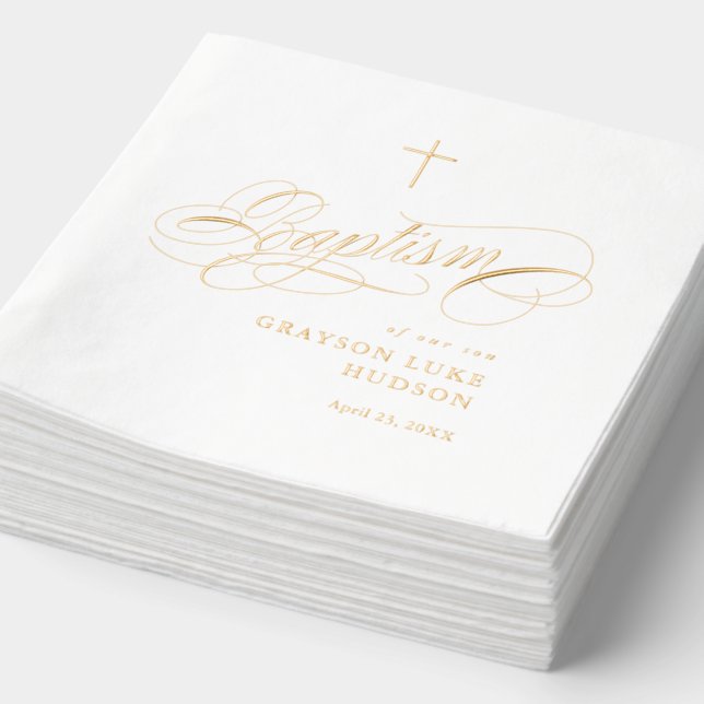 Elegant Script Calligraphy Gender Neutral Baptism  Foil Napkins (Detail)