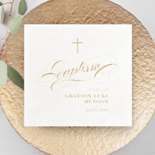 Elegant Script Calligraphy Gender Neutral Baptism  Foil Napkins