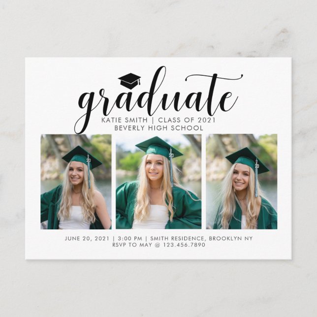 Elegant Script Calligraphy Graduation 3 Photo  Invitation Postcard (Front)