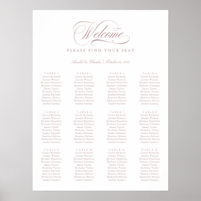 Elegant Script Calligraphy Minimal Seating Chart (Front)