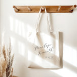 Elegant Script Calligraphy Minimal Wedding Custom  Tote Bag<br><div class="desc">Celebrate your special day with these custom wedding tote bags,  featuring elegant script calligraphy on a minimal design. Ideal for wedding favours,  guest gifts,  or welcome bags,  this chic tote is the perfect blend of style and functionality for your celebration.</div>