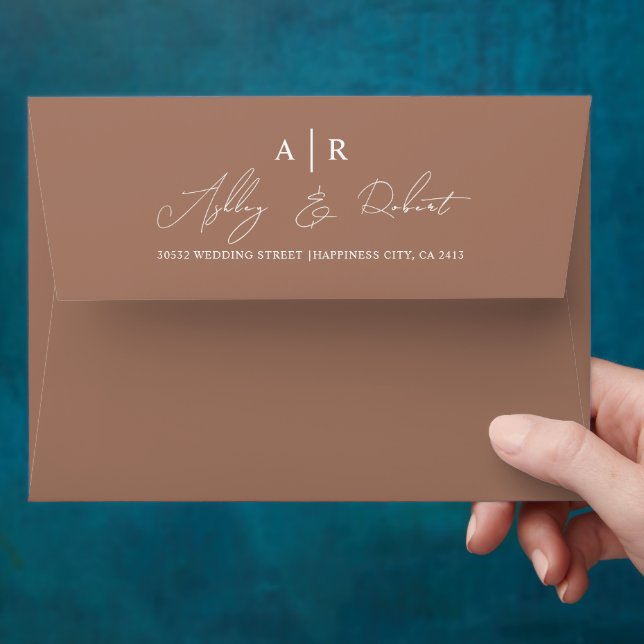 Elegant script calligraphy mocha wedding wedding envelope (Hand)