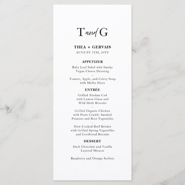 Elegant Script Calligraphy Monogram White Wedding Menu (Front)