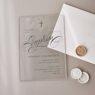 Elegant Script Calligraphy Neutral Baptism Acrylic Invitations