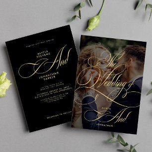 Elegant script calligraphy photo black wedding invitation