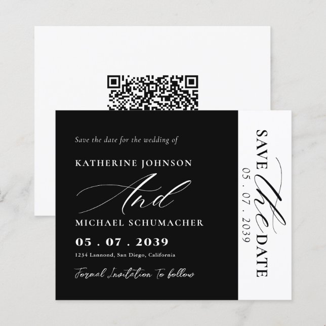 Elegant Script Calligraphy & QR Code Save The Date (Front/Back)