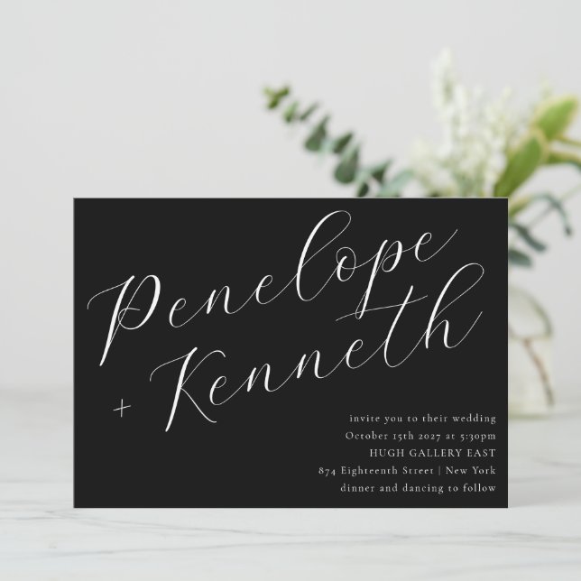 Elegant Script Calligraphy Stylish Wedding Black Invitation (Standing Front)
