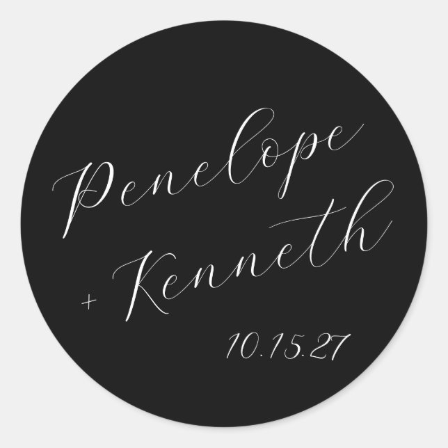 Elegant Script Calligraphy Wedding Custom Black Classic Round Sticker (Front)