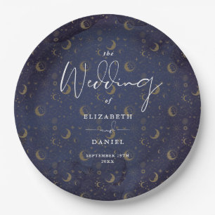 Elegant Script Celestial Stars And Moons Wedding Paper Plate