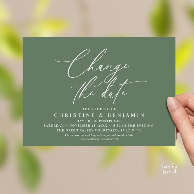 Elegant Script Change the Date Wedding Postpone  Invitation (Elegant Script Change the Date Wedding Postponement Invitation Card in Sage Green)