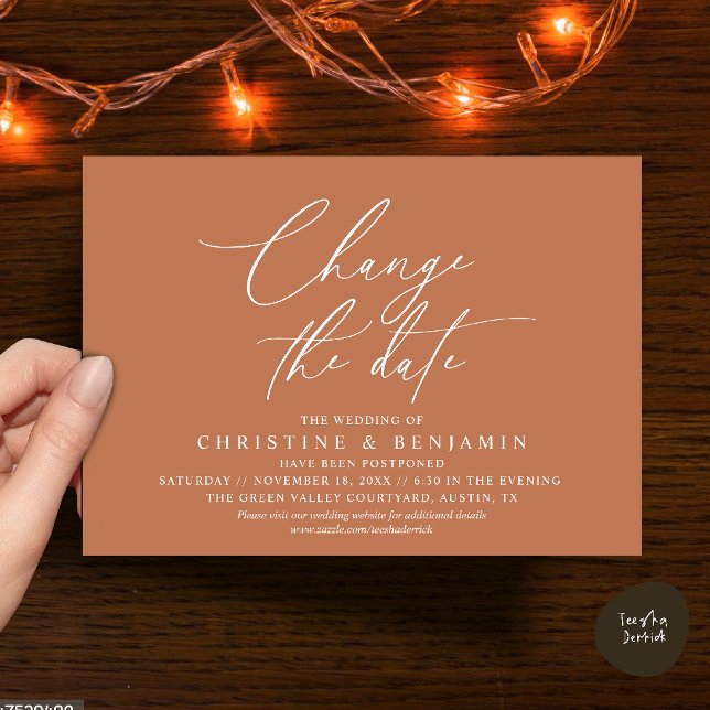 Elegant Script Change the Date Wedding Postpone  Invitation (Elegant Script Change the Date Wedding Postponement Invitation Card in Terracotta Brown Copper)