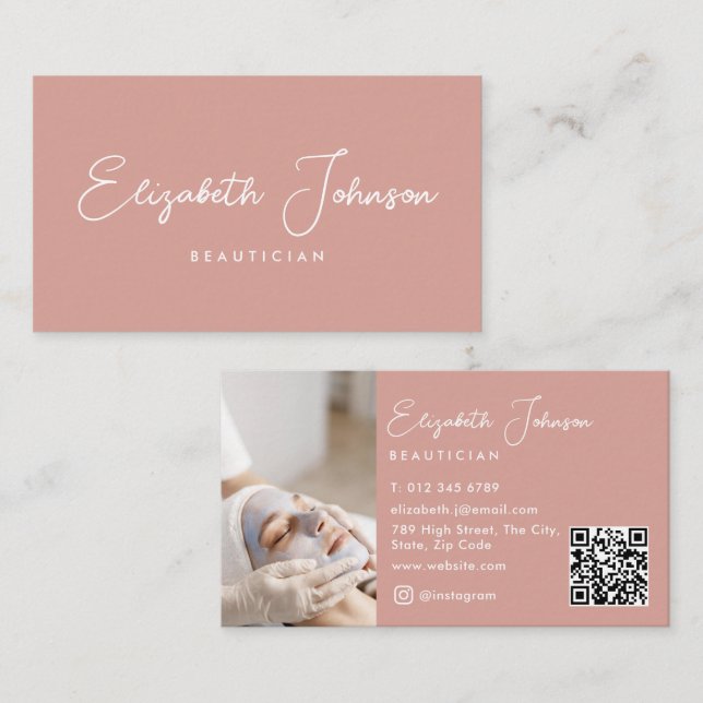 Elegant Script Chic Pink Photo QR Code Business Card (Front/Back)