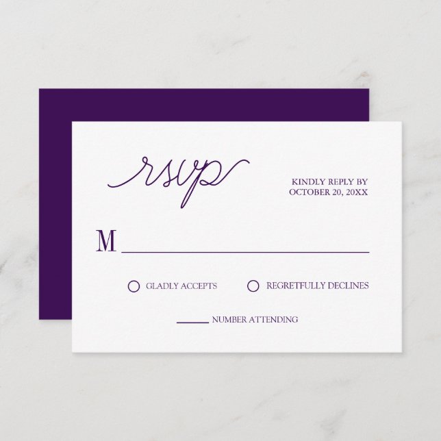 Elegant Script Chic Purple Minimal Wedding RSVP Card (Front/Back)