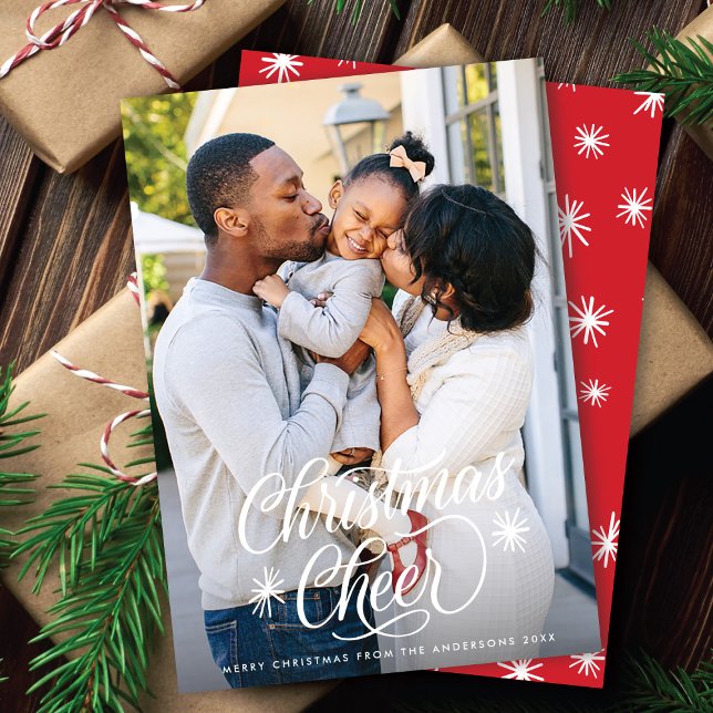 Elegant Script Christmas Cheer + Snowflakes Photo Holiday Card (Creator Uploaded)