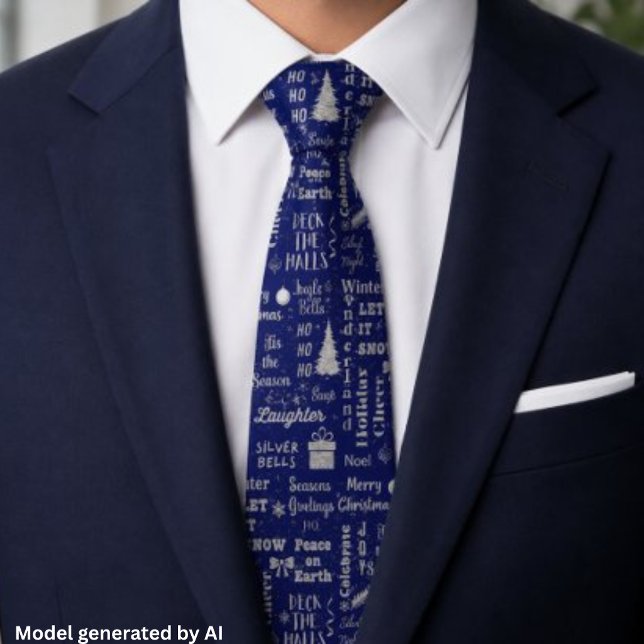 Elegant Script Christmas Font Collage Navy Silver Tie (Creator Uploaded)