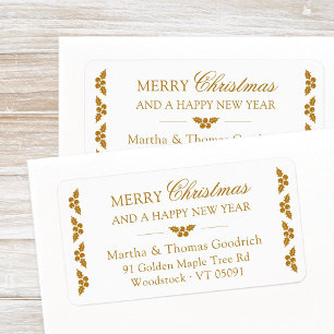 Elegant Script Christmas Gold Holly Return Address Label