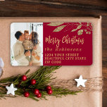 Elegant Script Christmas Red Return Address Label<br><div class="desc">Modern Elegant Script Red and Gold Family Name Christmas Return Address Labels. Featuring a pretty hand-written calligraphy font script with saying "Merry Christmas",  faux gold foil botanical leaves on red background. Great for Christmas holiday season,  easy to personalize them with your names and return address info.</div>