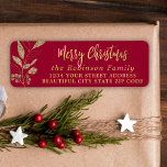 Elegant Script Christmas Red Return Address Label<br><div class="desc">Modern Elegant Script Red and Gold Family Name Christmas Return Address Labels. Featuring a pretty hand-written calligraphy font script with saying "Merry Christmas",  faux gold foil botanical leaves on red background. Great for Christmas holiday season,  easy to personalize them with your names and return address info.</div>