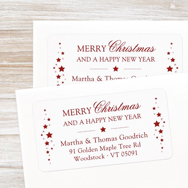 Elegant Script Christmas Red Stars Return Address Label (Elegant, festive Merry Christmas and a Happy New Year large return address label with stars in red.)