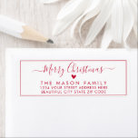 Elegant Script Christmas Return Address Label<br><div class="desc">Elegant, Modern White and Red Hand Lettered Christmas Family Return Address Labels. Featuring a pretty hand-written script with saying "merry christmas" in swash-tail font, a little red colour heart shape, around thin line frame background. Great for Christmas holiday season, easy to personalize them with your names and return address info....</div>