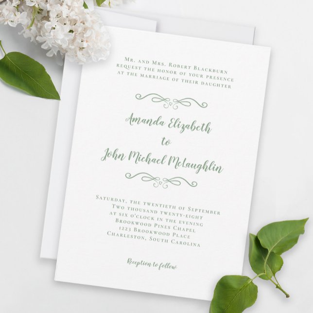 Elegant Script Classic Wedding Sage Green White In Invitation (Elegant Script Classic Wedding Sage Green White Invitation)
