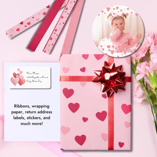 Elegant Script Colourful Pink Hearts Return Label (Return Address Labels, Stickers, Wrapping Paper, Ribbon)