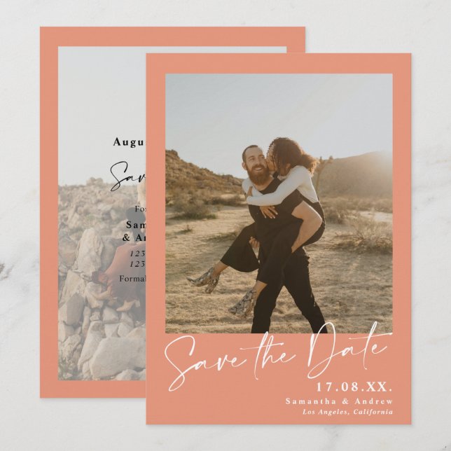 Elegant script coral 2 photos save the date (Front/Back)