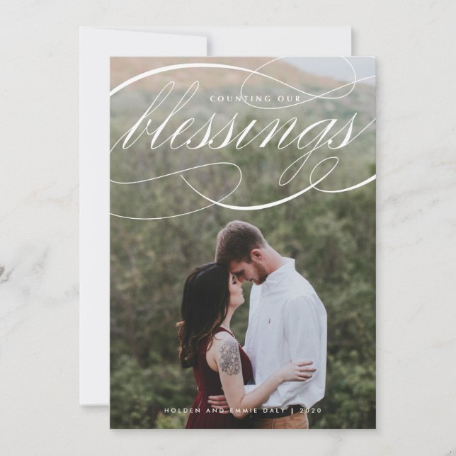 Elegant Script Counting Our Blessings Photo Holiday Card (Front)