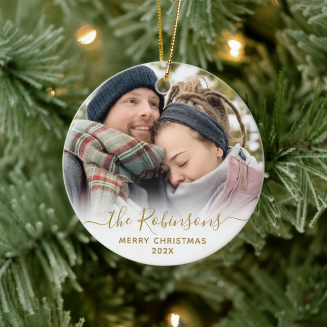 Elegant Script Couple Name Photo Merry Christmas   Ceramic Ornament (Tree)