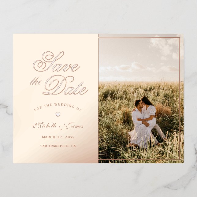 Elegant Script Couple Photo Wedding Save The Date Foil Invitation Postcard (Front)