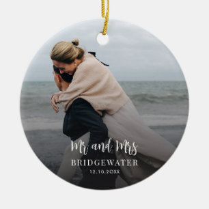 Elegant Script Couples Photo Minimalist Christmas Ceramic Ornament