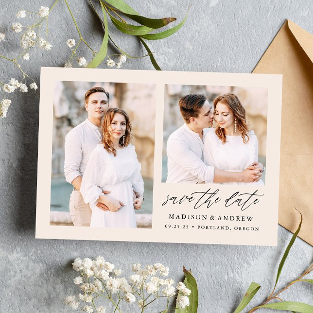 Elegant Script Cream 2 Photo Save The Date (Creator Uploaded)