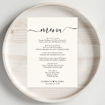 Elegant Script Cream Wedding Reception Menu<br><div class="desc">Elegant light cream wedding reception dinner menu with "menu" in a chic calligraphy script with swashes,  your customized menu in simple modern typography,  your first names joined by a heart and your reception date.</div>