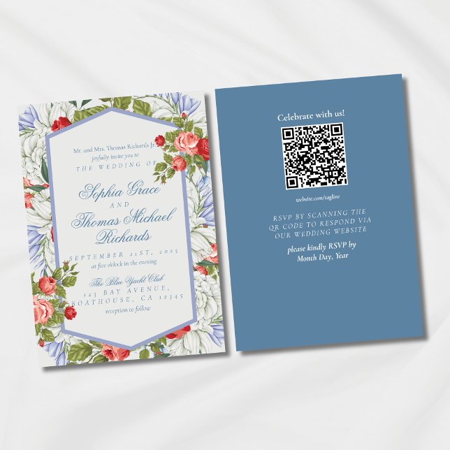Élégant Script Cursif Faire-part de mariage Floral (Set the tone for a timeless celebration with this Romantic Red & Blue Floral Wedding Invitation!)