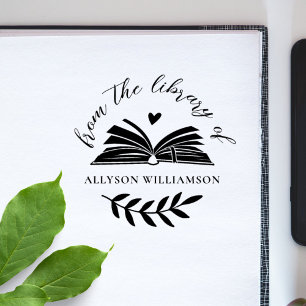 Elegant Script Custom Botanical Library Book Rubber Stamp