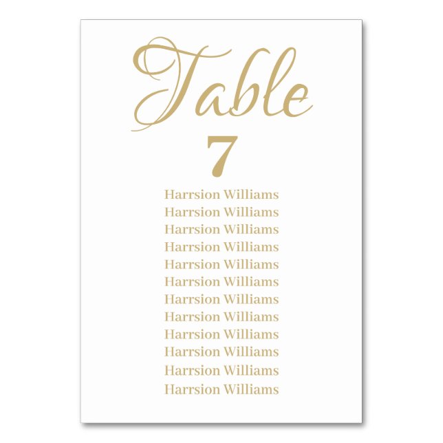 Elegant script custom gold text Wedding Table Number (Front)