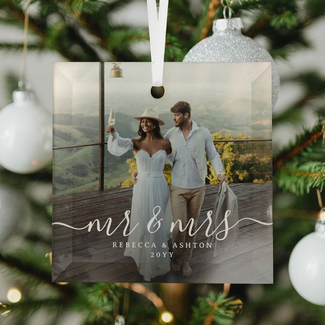 Elegant Script & Custom Newlyweds Photo Christmas Glass Ornament (Creator Uploaded)