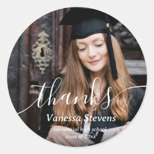 Elegant Script Custom Photo Graduation  Classic Round Sticker